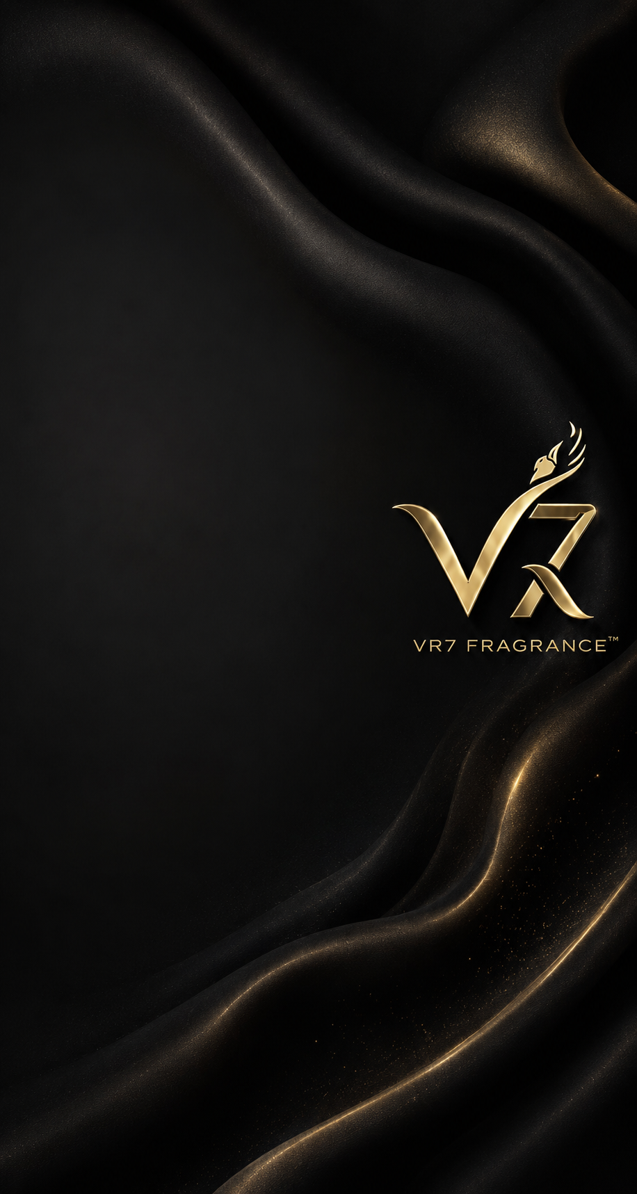 A luxury black and gold graphic background with flowing satin-like folds and the VR7 Fragrance logo in metallic gold on the right side.