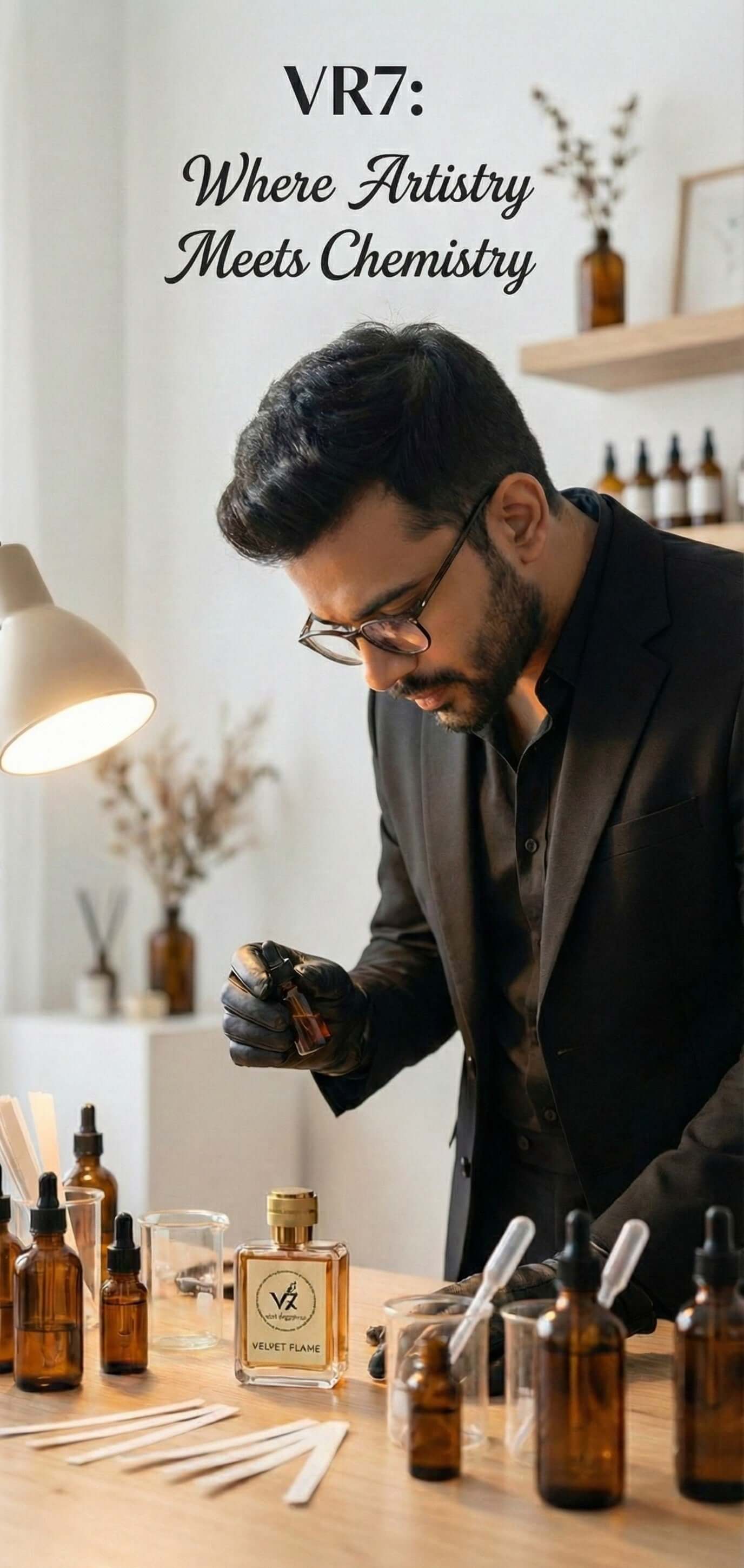 VR7 Fragrance - 'Where Perfume Ends Extrait Begins' showcasing the fusion of artistry and chemistry in fragrance creation.
