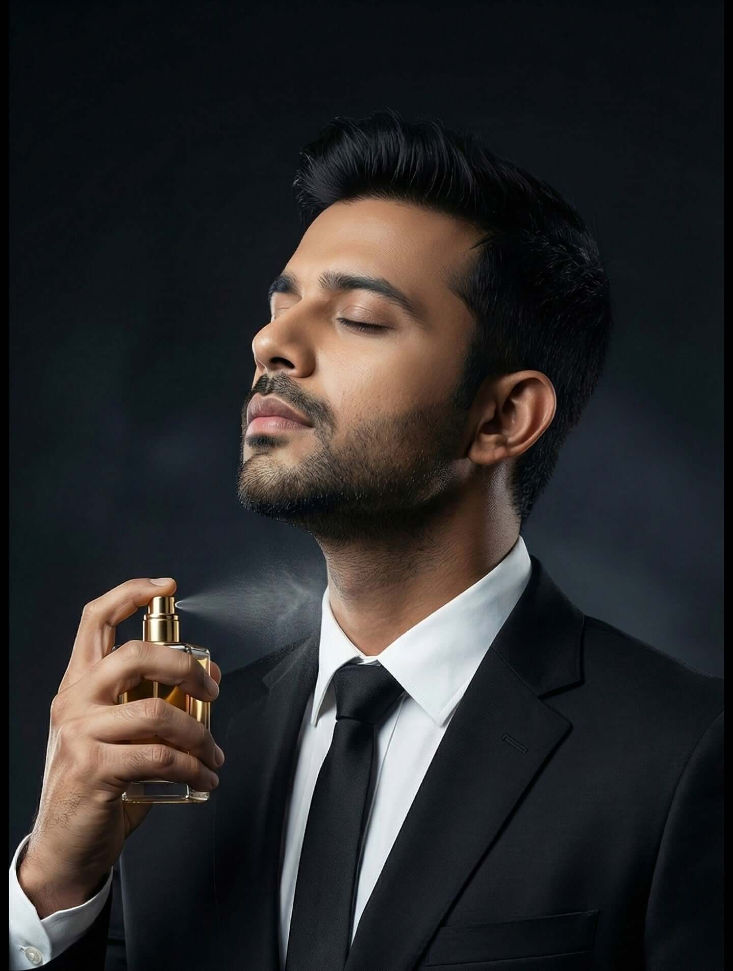 A man wearing a suit applying fragrance from a bottle for Winter Perfume Guide 2025 by VR7 Fragrance.