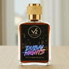 Perfume bottle labeled 'Dubai Nights' by VR7 Fragrance on a neutral background