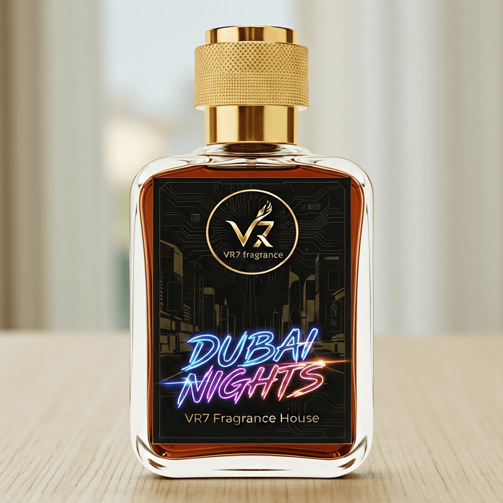 Perfume bottle labeled 'Dubai Nights' by VR7 Fragrance on a neutral background