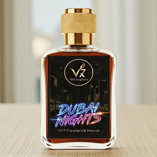 Perfume bottle labeled 'Dubai Nights' by VR7 Fragrance on a neutral background