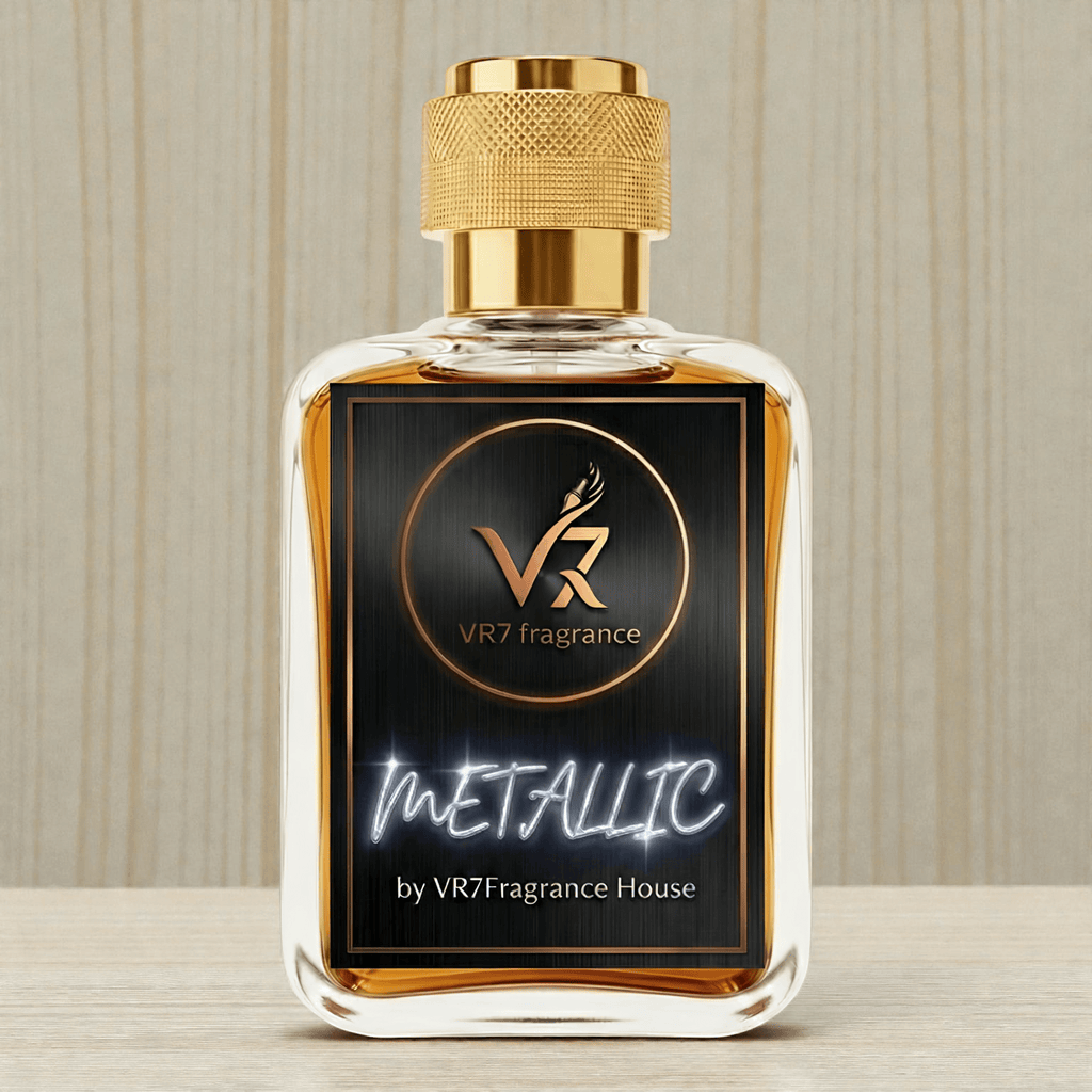 metallic Perfume bottle with gold cap and black label featuring VR7 Fragrance logo on a neutral background