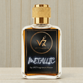 metallic Perfume bottle with gold cap and black label featuring VR7 Fragrance logo on a neutral background