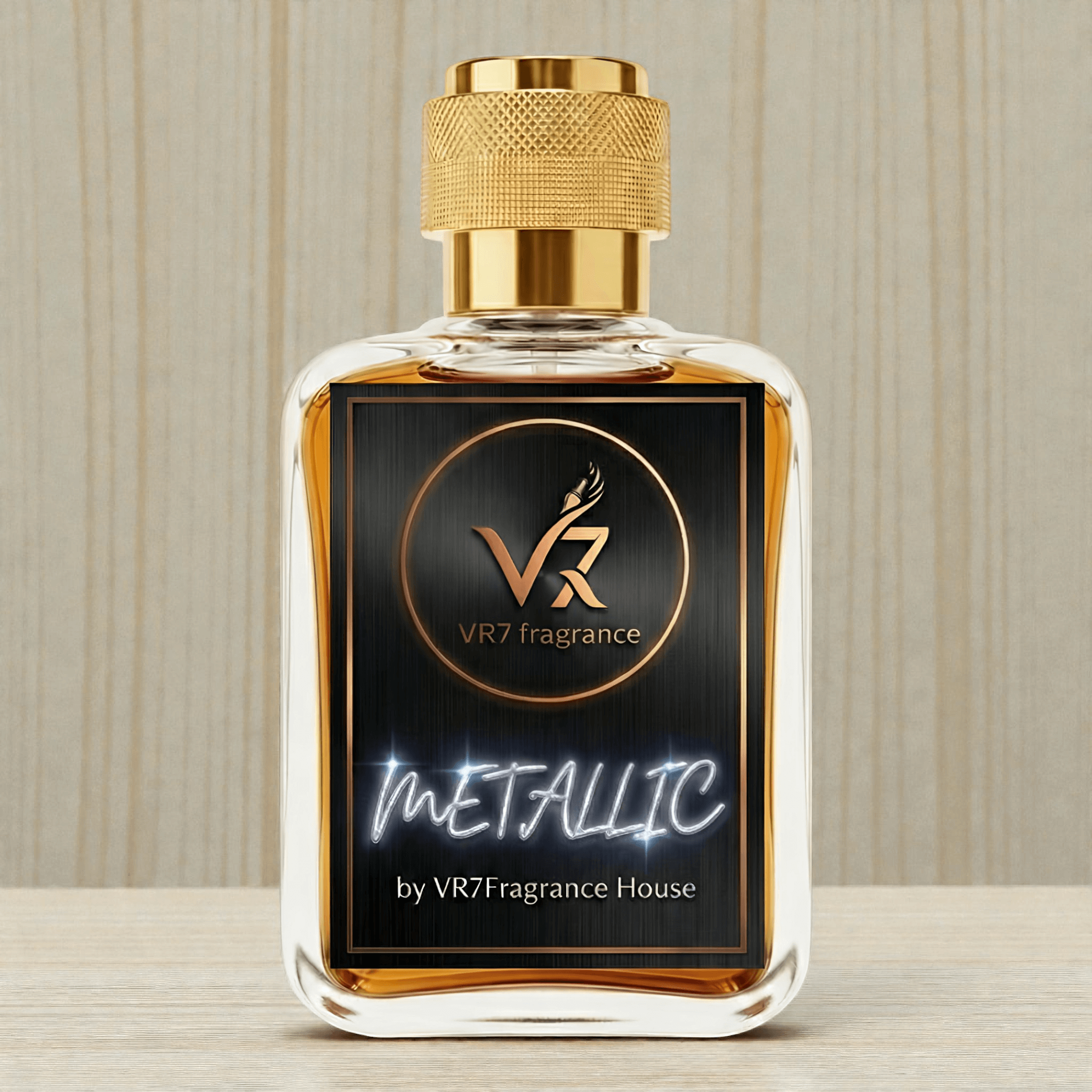 metallic Perfume bottle with gold cap and black label featuring VR7 Fragrance logo on a neutral background