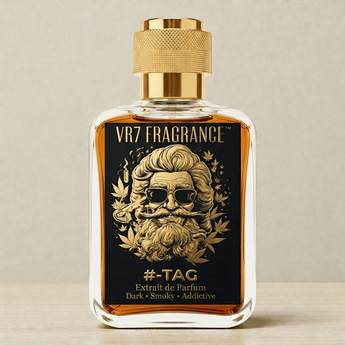 VR7 Fragrance bottle with gold cap on a neutral background