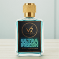 Perfume bottle labeled 'Ultra Fresh' by VR7 Fragrance with gold cap on a light background