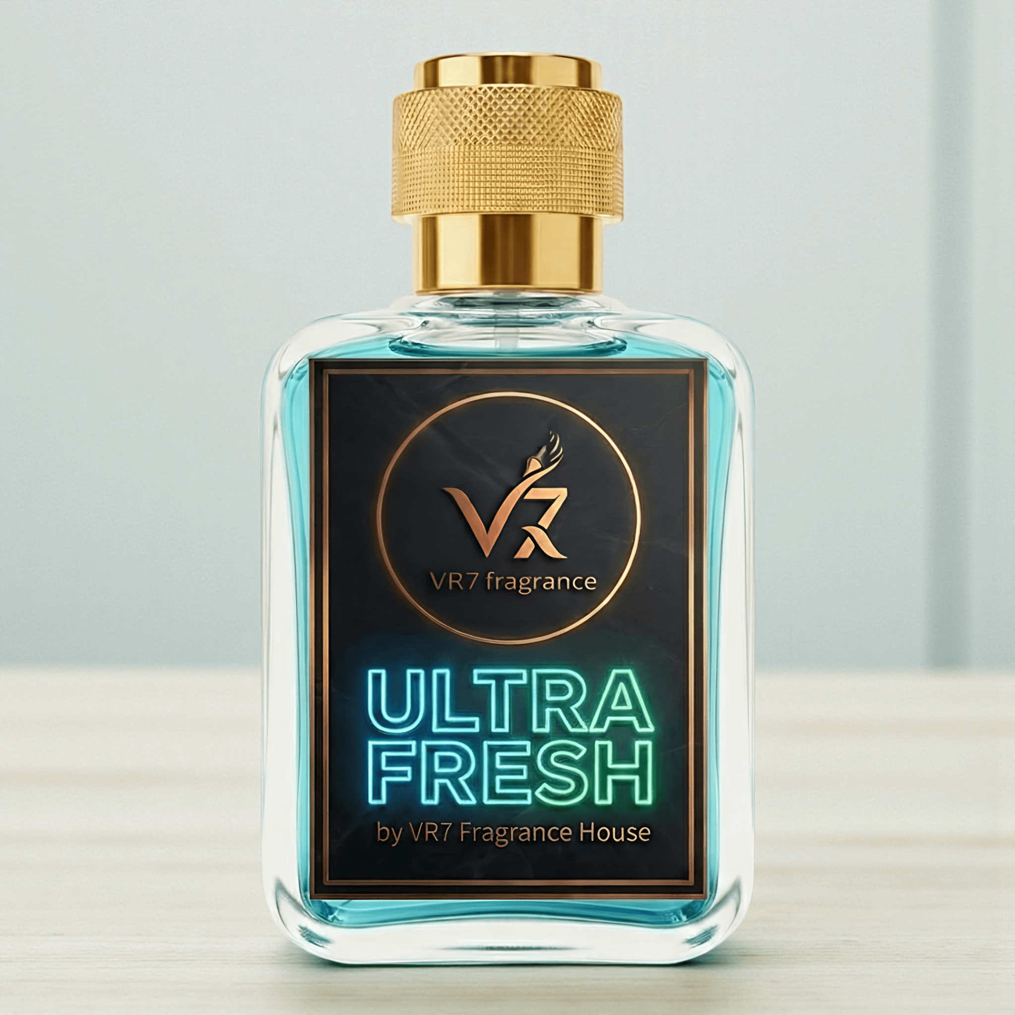 Perfume bottle labeled 'Ultra Fresh' by VR7 Fragrance with gold cap on a light background