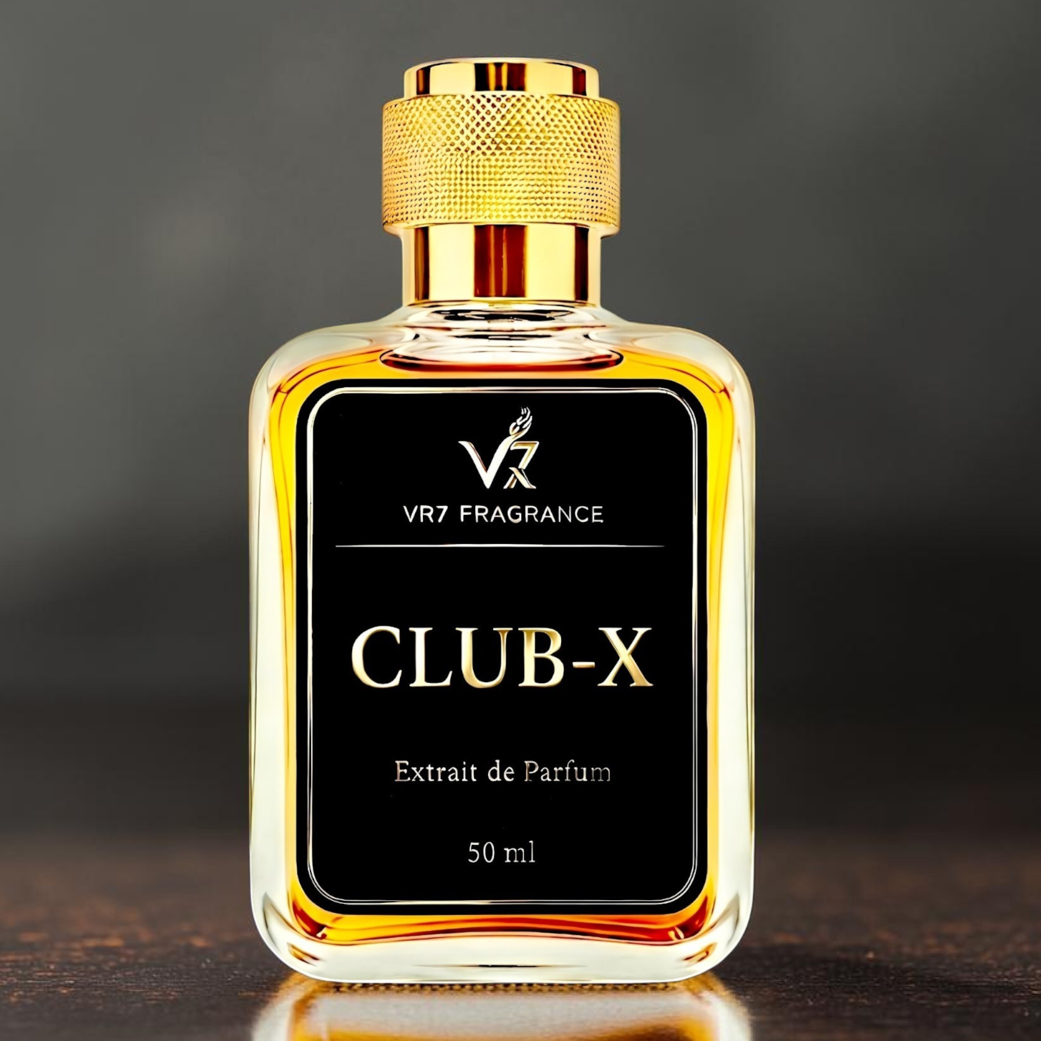 Perfume bottle labeled 'VR7 Fragrance Club-X' with gold cap on a dark background