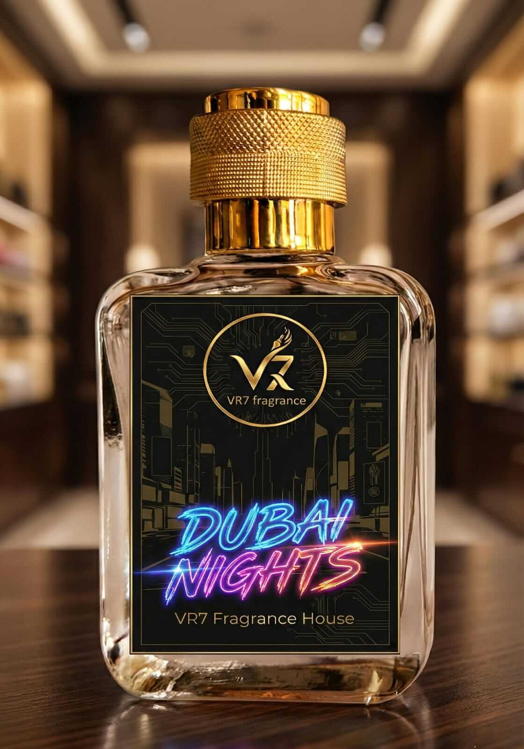 Dubai Nights by VR7 Fragrance bottle showcasing luxurious scent in elegant retail setting.