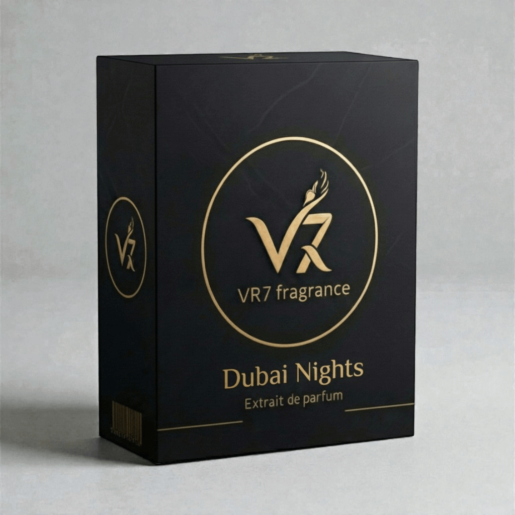 Black box with gold branding for VR7 fragrance Dubai Nights on a gray background