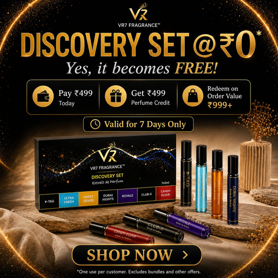 VR7 Discovery Set — 7 Extrait de Parfum sprays, 3ml each, in a premium gift box. ₹499.