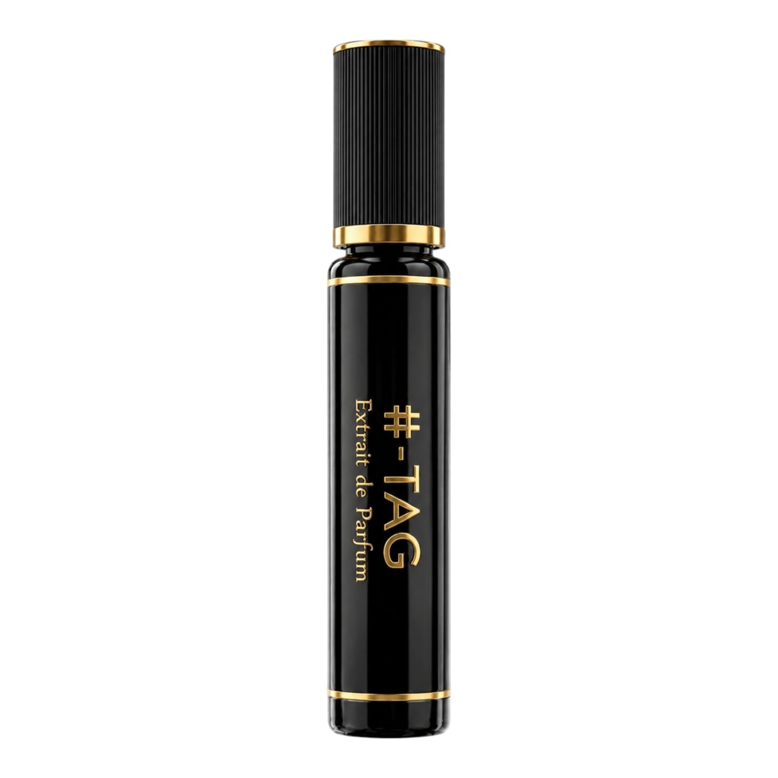 Black and gold perfume bottle with '#-TAG' branding on a white background