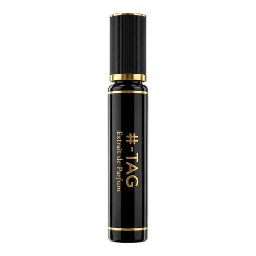 Black and gold perfume bottle with '#-TAG' branding on a white background