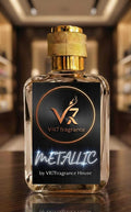 Metallic by VR7 Fragrance Extrait de parfum bottle showcasing bold design in a modern setting.