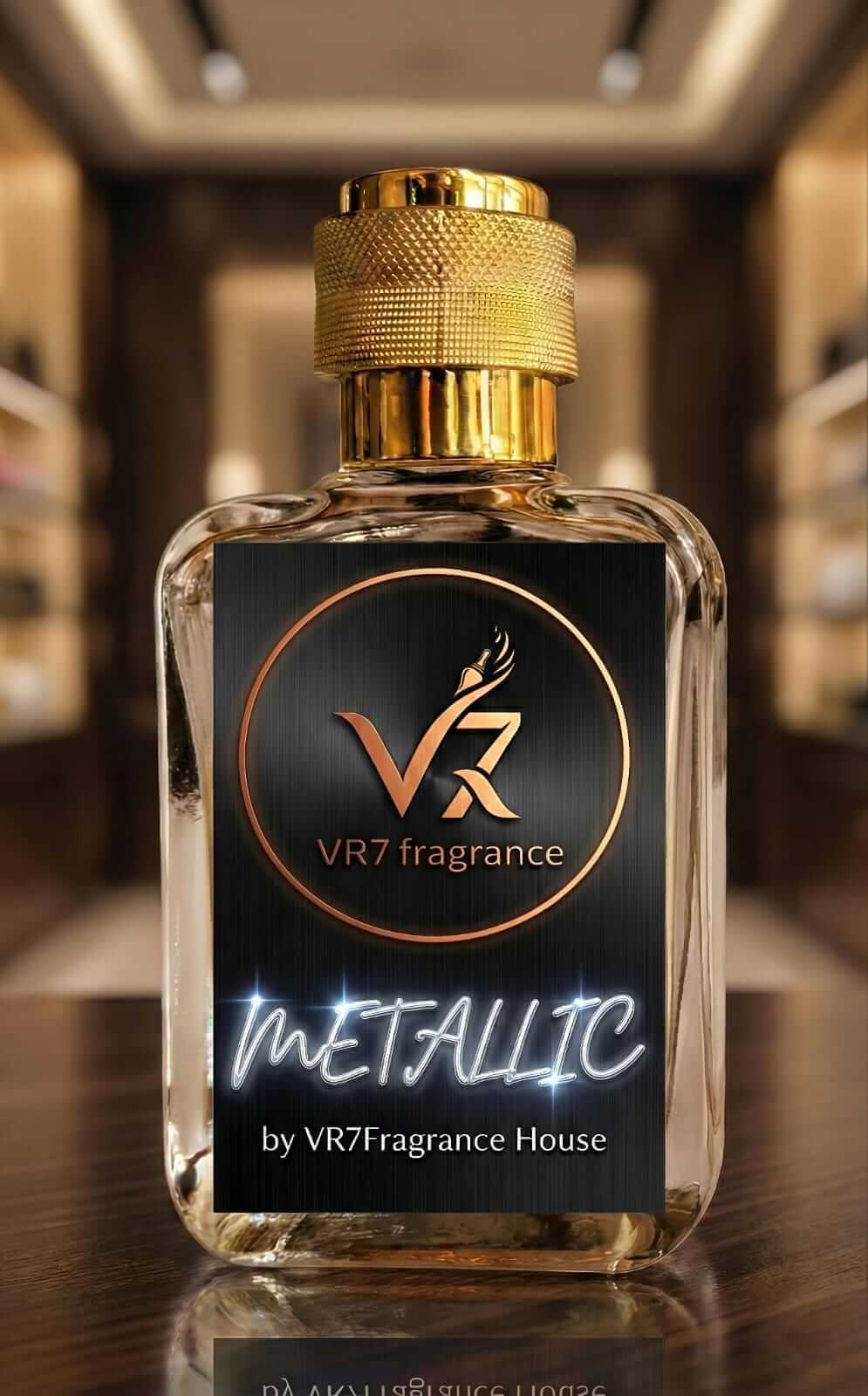 Metallic by VR7 Fragrance Extrait de parfum bottle showcasing bold design in a modern setting.