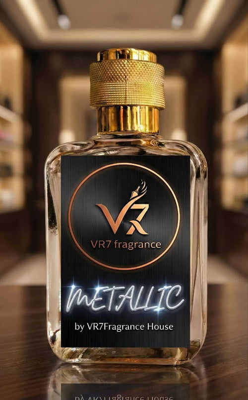 Metallic by VR7 Fragrance Extrait de parfum bottle showcasing bold design in a modern setting.