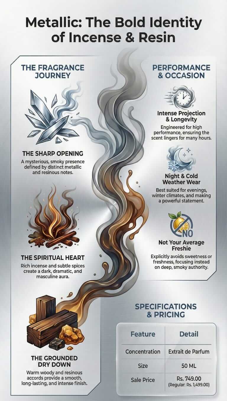 Infographic depicting Metallic by VR7 Fragrance Extrait de parfum fragrance journey, performance, and specifications.