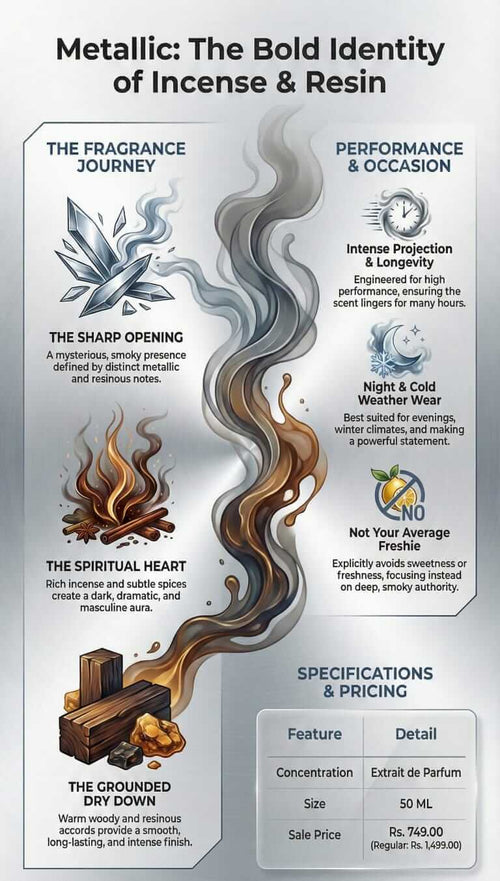 Infographic depicting Metallic by VR7 Fragrance Extrait de parfum fragrance journey, performance, and specifications.