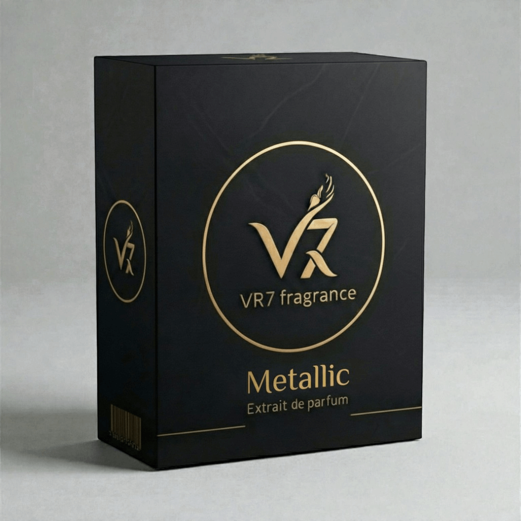 Black box with gold branding for VR7 fragrance on a gray background