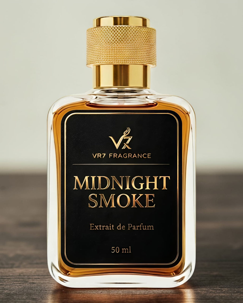Perfume bottle labeled 'Midnight Smoke' by VR7 Fragrance on a wooden surface with a neutral background.