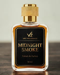 Perfume bottle labeled 'Midnight Smoke' by VR7 Fragrance on a wooden surface with a neutral background.