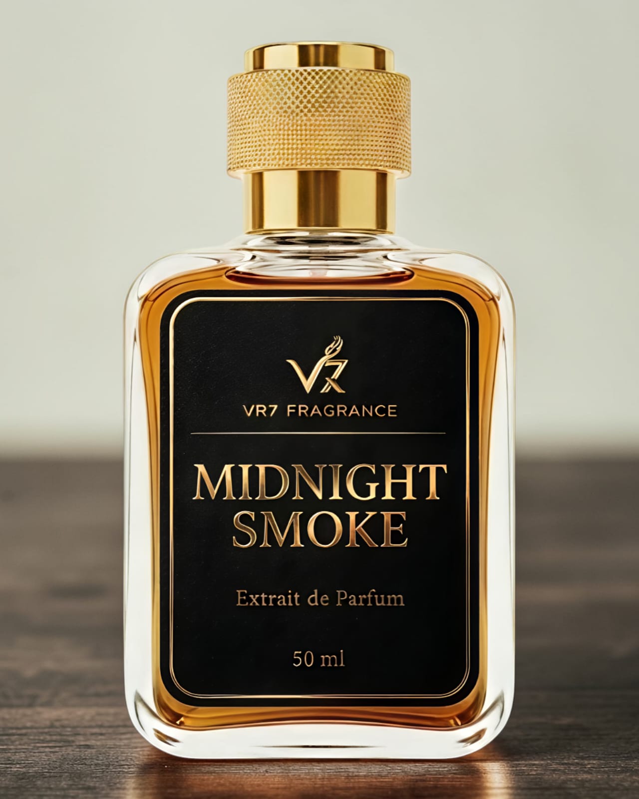Perfume bottle labeled 'Midnight Smoke' by VR7 Fragrance on a wooden surface with a neutral background.