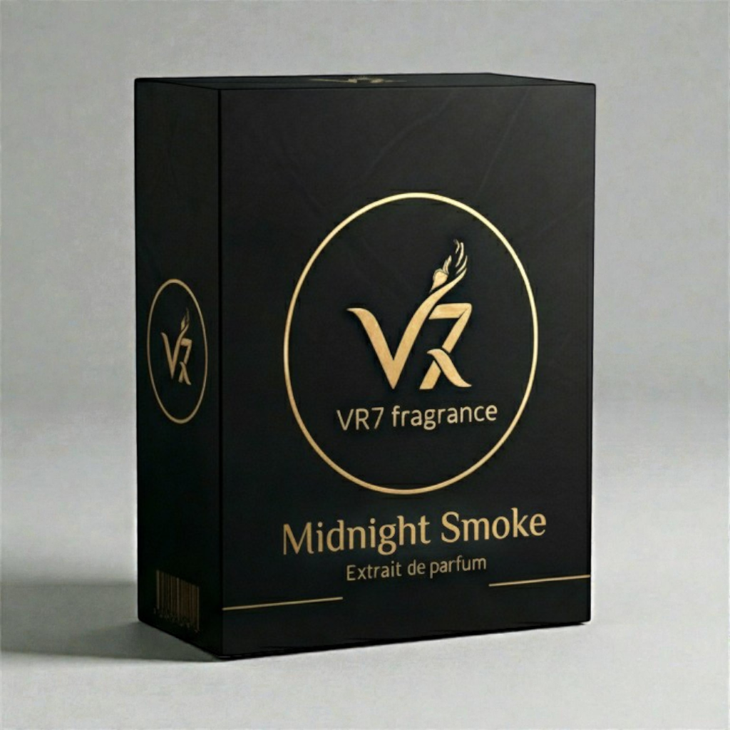 Black and gold VR7 fragrance box for Midnight Smoke on a gray background