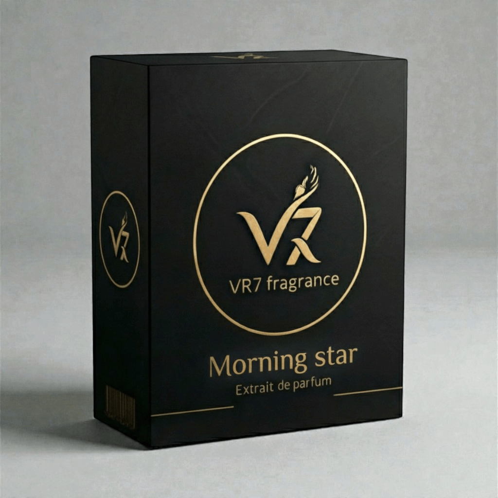 Black box of VR7 fragrance with 'Morning star' text on a gray background