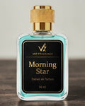 Perfume bottle labeled 'Morning Star' by VR7 Fragrance on a wooden surface with a neutral background