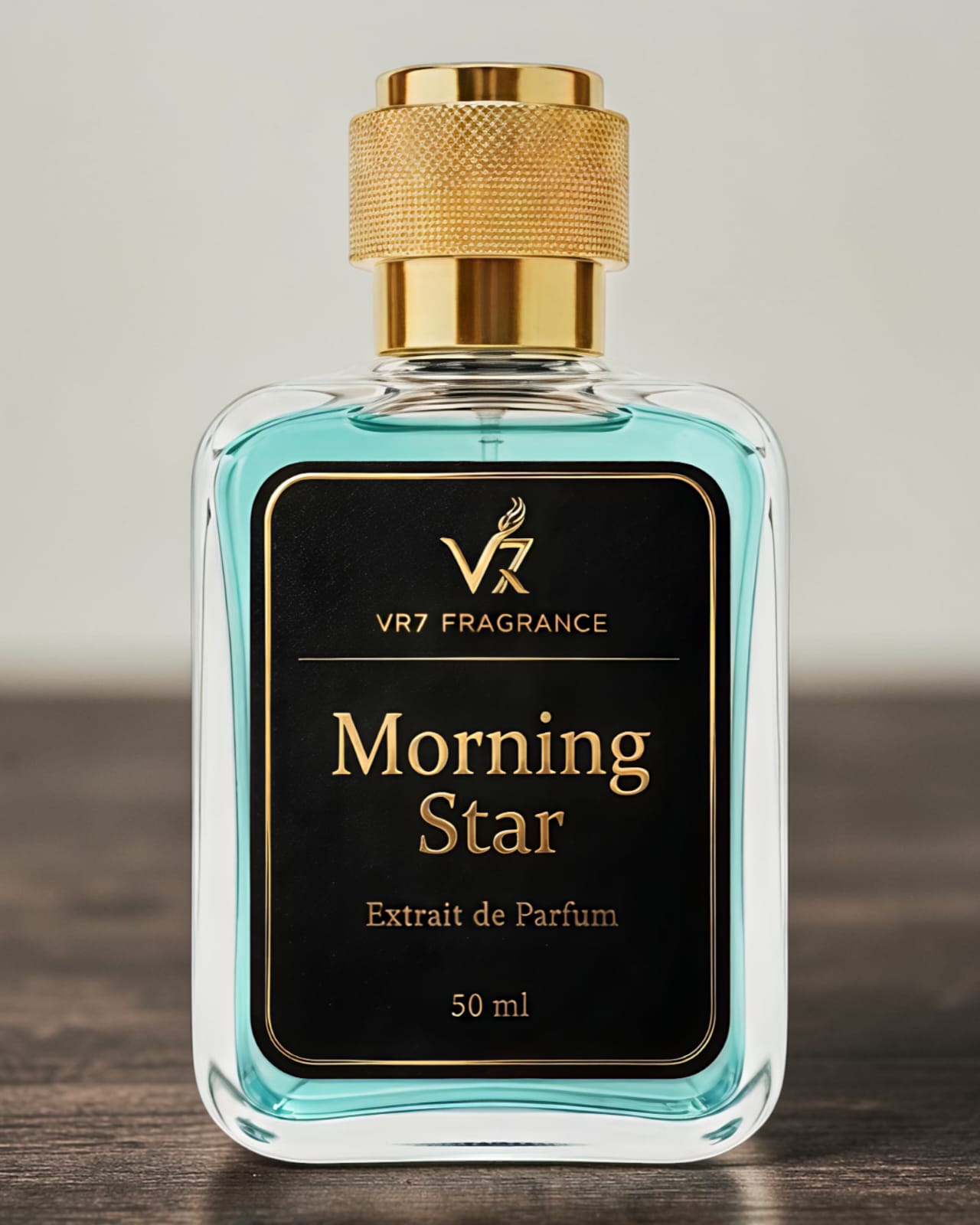 Perfume bottle labeled 'Morning Star' by VR7 Fragrance on a wooden surface with a neutral background