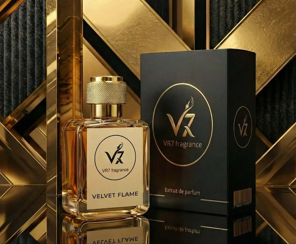 Velvet Flame Extrait de Parfum by VR7 Fragrance in a luxurious glass bottle with gold accents, showcasing elegance and all...