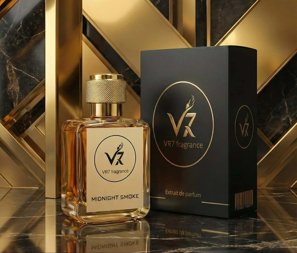 Midnight Smoke Extrait de Parfum by VR7 Fragrance in an elegant glass bottle with sleek packaging against a luxurious back...