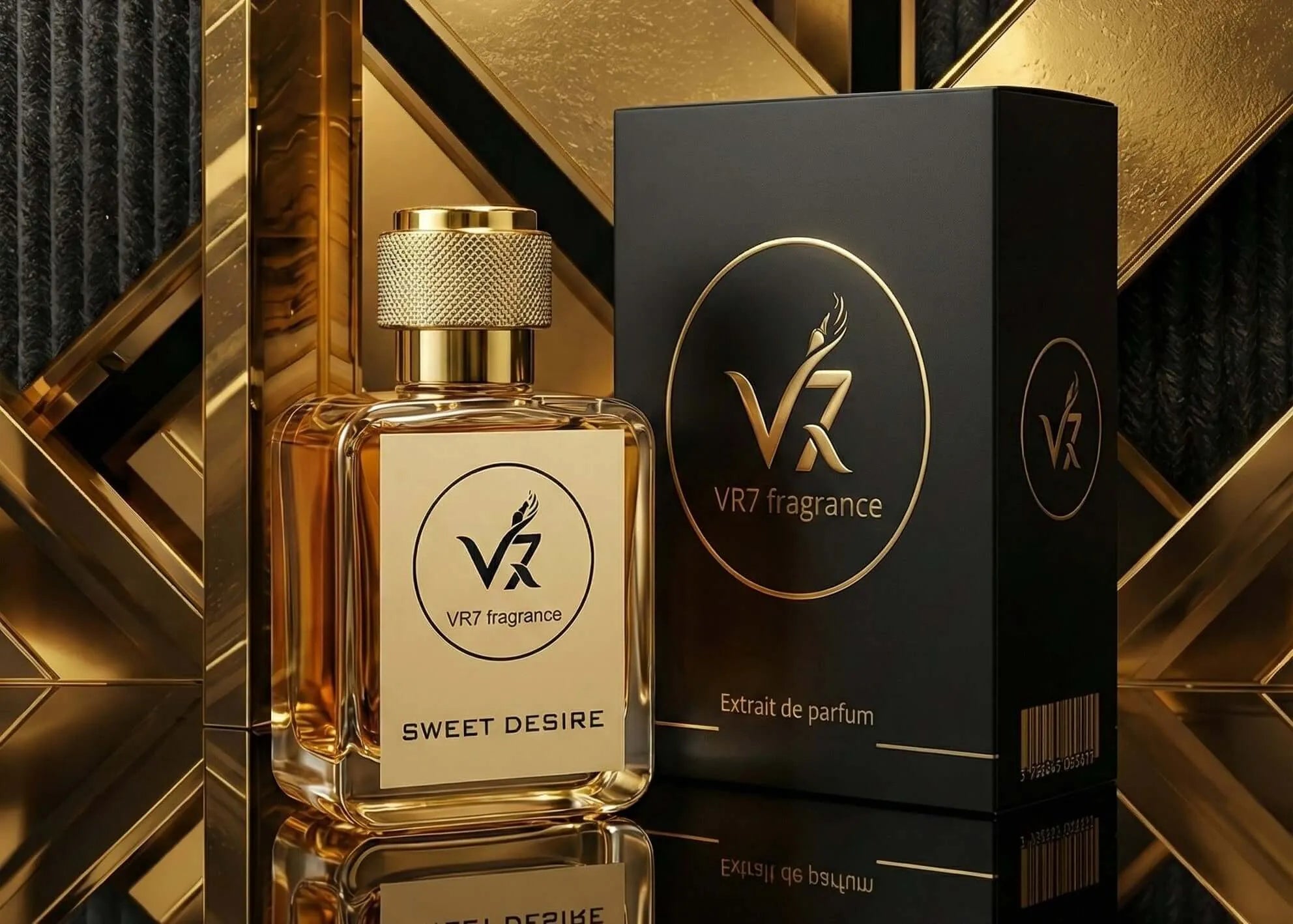 Sweet Desire Extrait de Parfum by VR7 Fragrance in a luxurious gold-accented bottle and box, exuding elegance and sophisti...