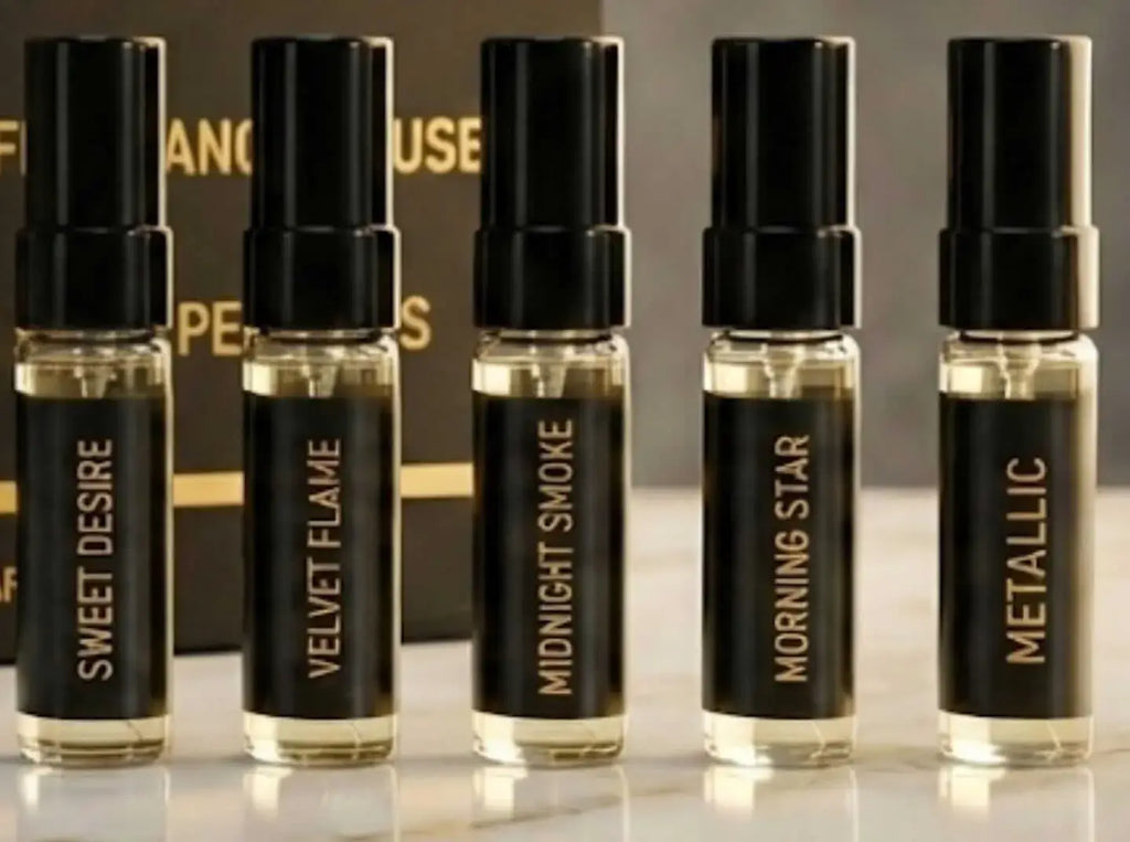 Discovery Set by VR7 Fragrance features five elegant perfume vials, including Sweet Desire and Velvet Flame.