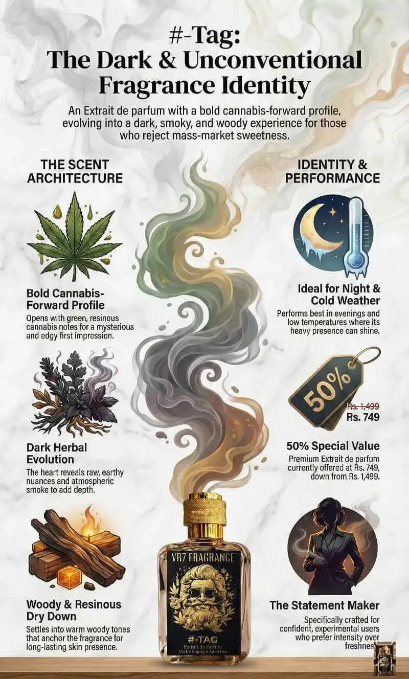 #-Tag Extrait de parfum bottle with cannabis-forward scent, dark herbal aroma, and smoky woody essence; ideal for night use.