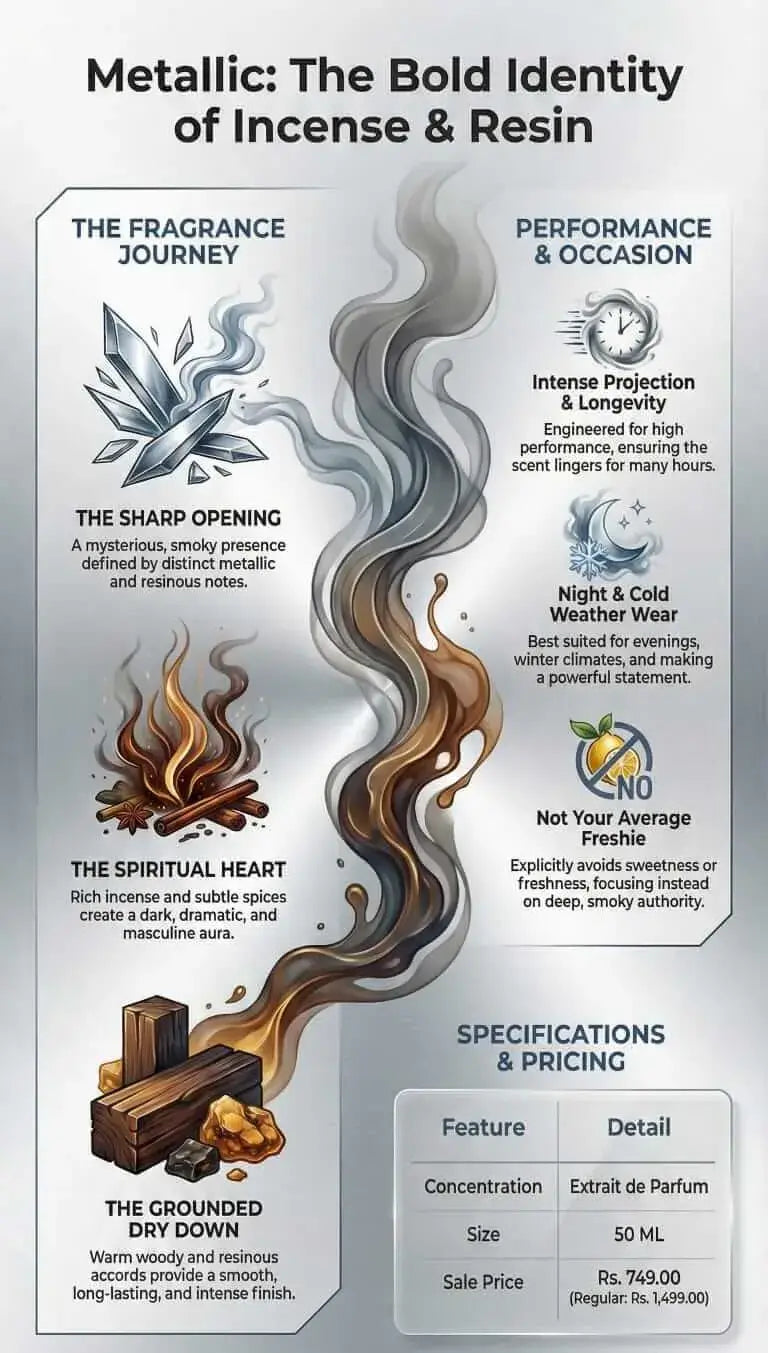 Metallic | Extrait de Parfum | VR7 Fragrance with smoky incense, resin notes, and intense projection for a bold, lasting s...