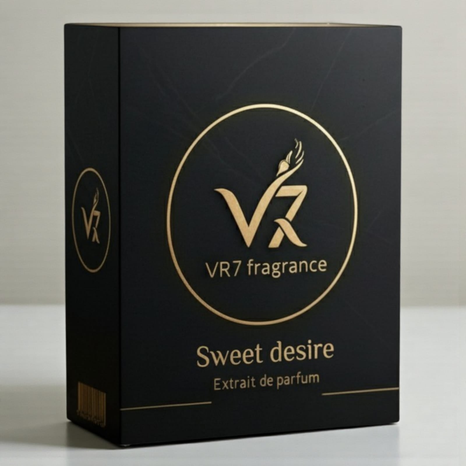 Black and gold box of VR7 fragrance with 'Sweet desire' text on a neutral background