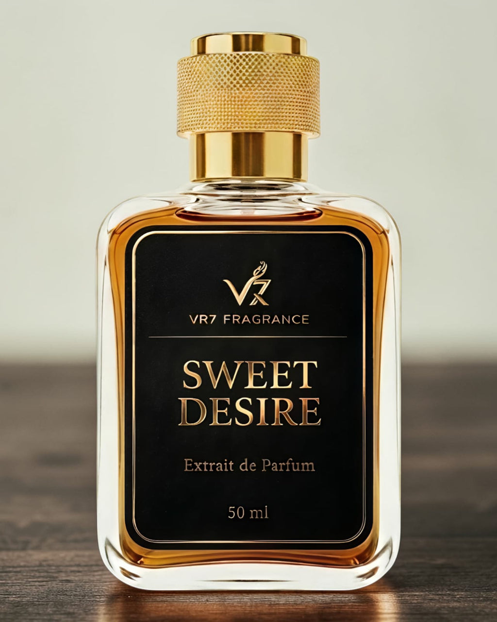 Perfume bottle labeled 'Sweet Desire' by VR7 Fragrance on a wooden surface with a neutral background