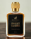 Perfume bottle labeled 'Sweet Desire' by VR7 Fragrance on a wooden surface with a neutral background
