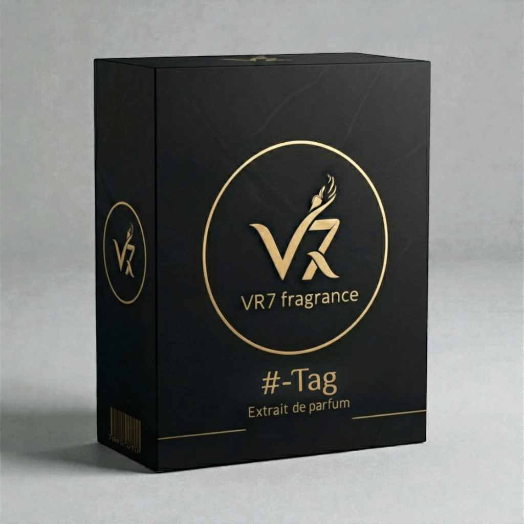 Black box with gold logo and text for VR7 fragrance on a gray background