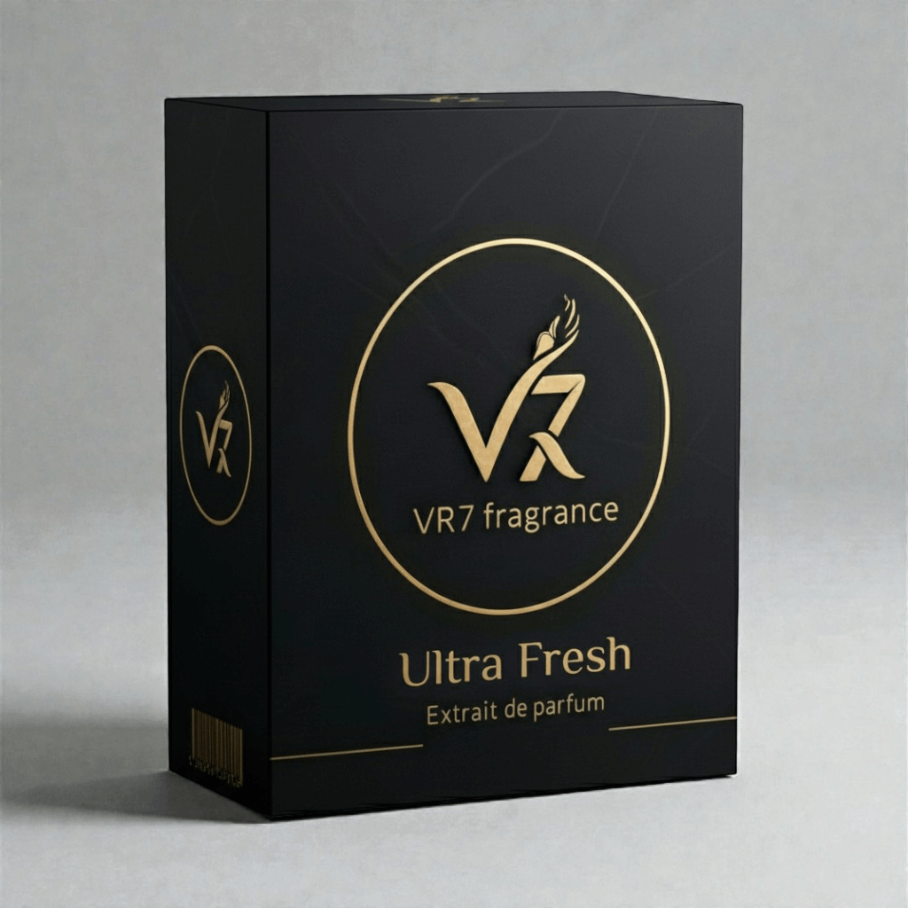 Black box with gold logo and text for VR7 fragrance Ultra Fresh on a gray background

