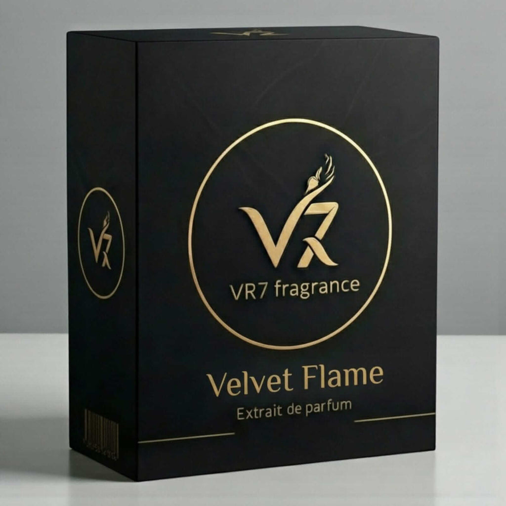 Black box with gold logo and text for VR7 fragrance Velvet Flame on a gray background