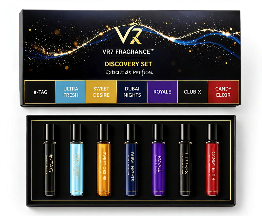 VR7 Fragrance Discovery Set with six small bottles in different colors on a black background.

