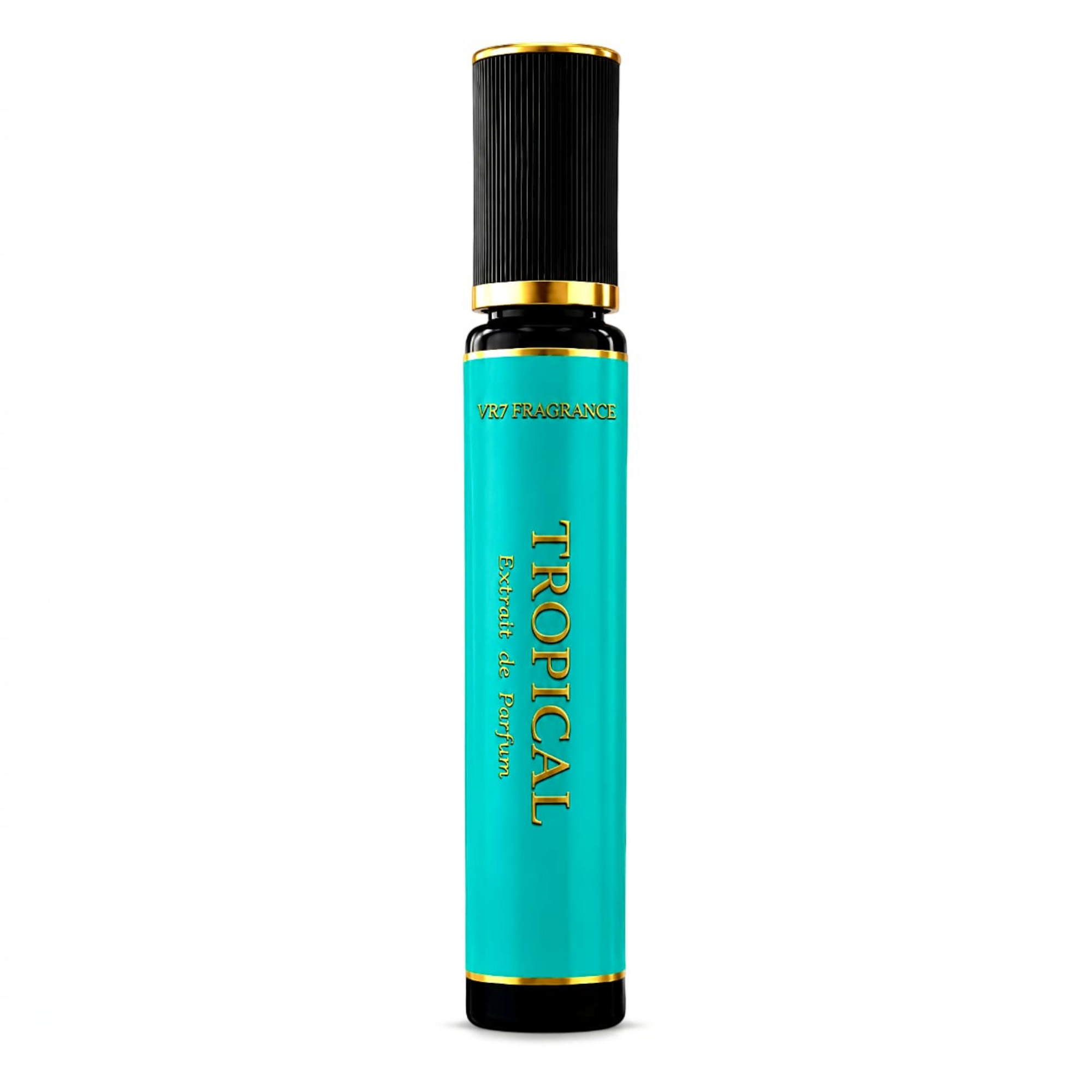 VR7 Fragrance™ Tropical 3ml extrait de parfum in a vibrant turquoise travel spray bottle with gold and black accents.