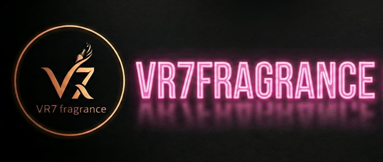 Neon sign of VR7 Fragrance logo on a black background