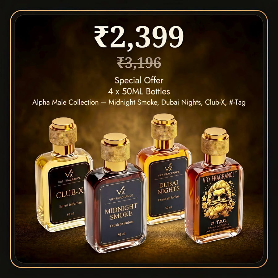 VR7 Alpha Male Collection — 4 x 50ml Extrait de Parfum: Midnight Smoke, Dubai Nights, Club-X, #-Tag. ₹2,399 instead of ₹3,196.