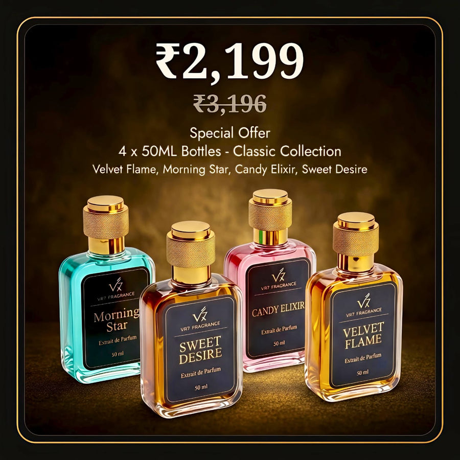 VR7 Classic Collection — 4 x 50ml Extrait de Parfum: Velvet Flame, Morning Star, Candy Elixir, Sweet Desire. ₹2,199 instead of ₹3,196.