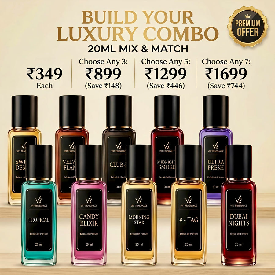 Build your own 20ml luxury combo — mix and match any 3 for ₹899, any 5 for ₹1,299, or any 7 for ₹1,699.