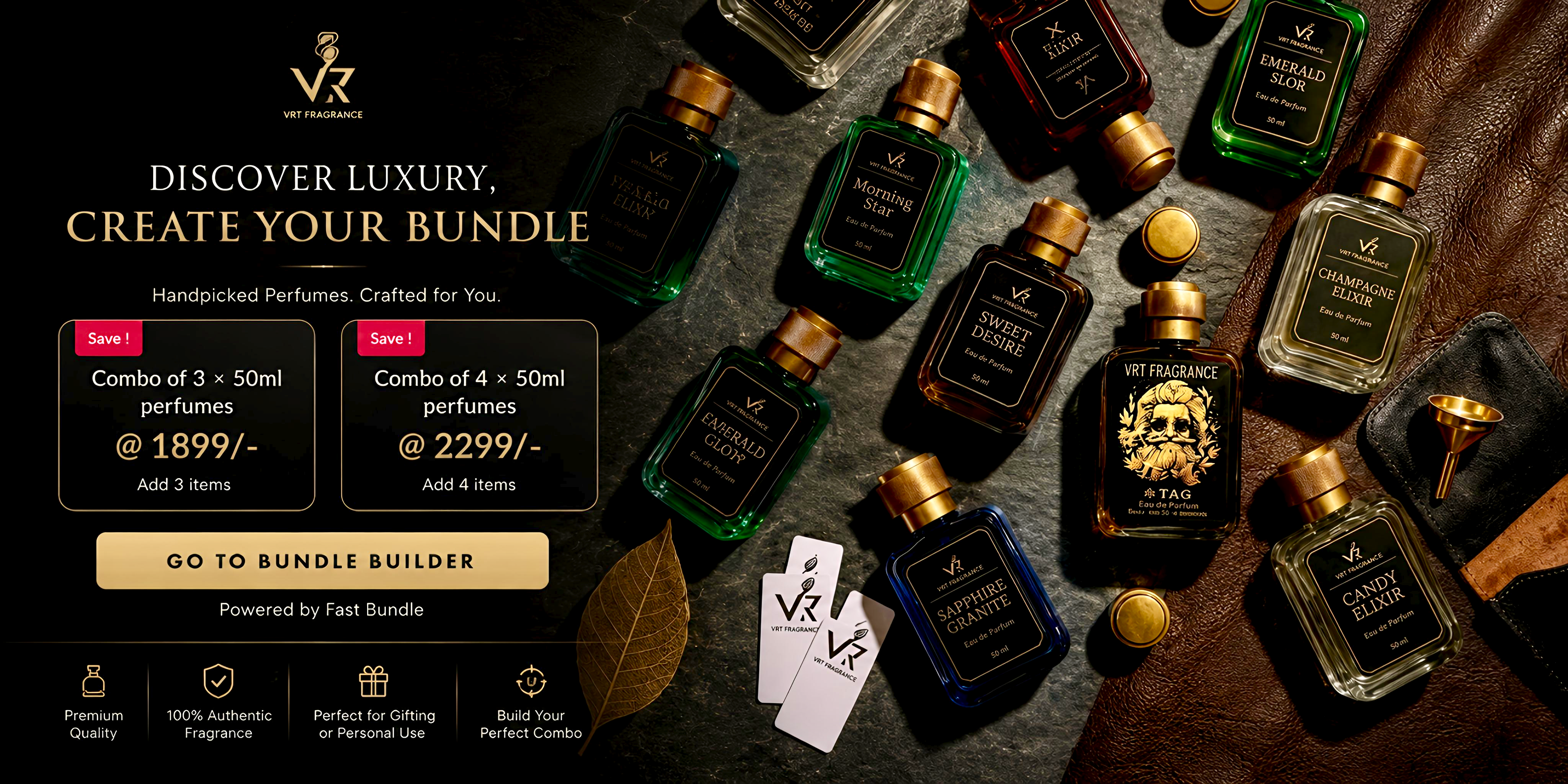 Collection of luxury perfumes with a promotional banner on a dark background vr7 fragrance bundles combo pack